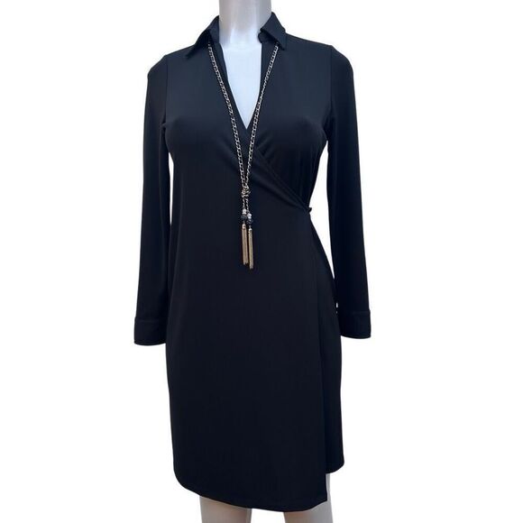 Lauren Ralph Lauren Wrap Dress Womens P/S Black Long Sleeve Side Button Collared - Picture 1 of 13